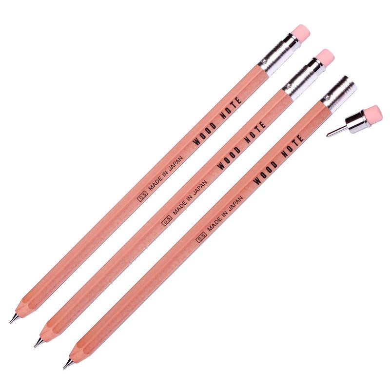 Kitaboshi Woodcase Note W-300R Mechanical Pencil 0.5mm (Pack of 3 Pencils) - Image 1